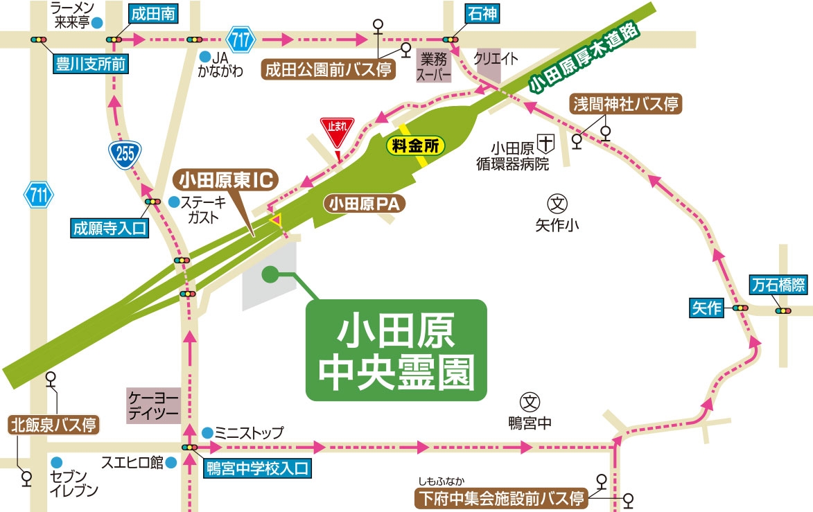 バス停の位置と車での経路map